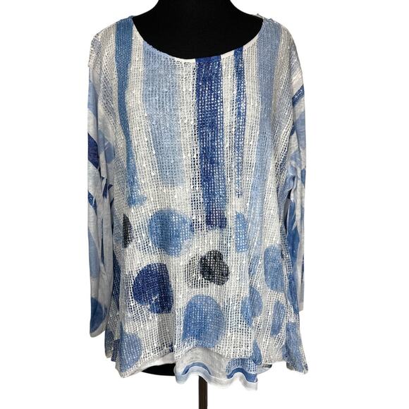 Jess & Jane Windmill Boucle Mesh Tunic Top with Burn-Out Lining Blue Sz 2X Artsy - Picture 2 of 11
